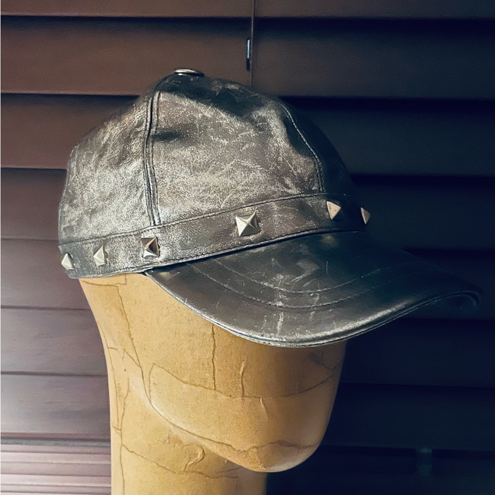 Studded metallic leather baseball hat cap